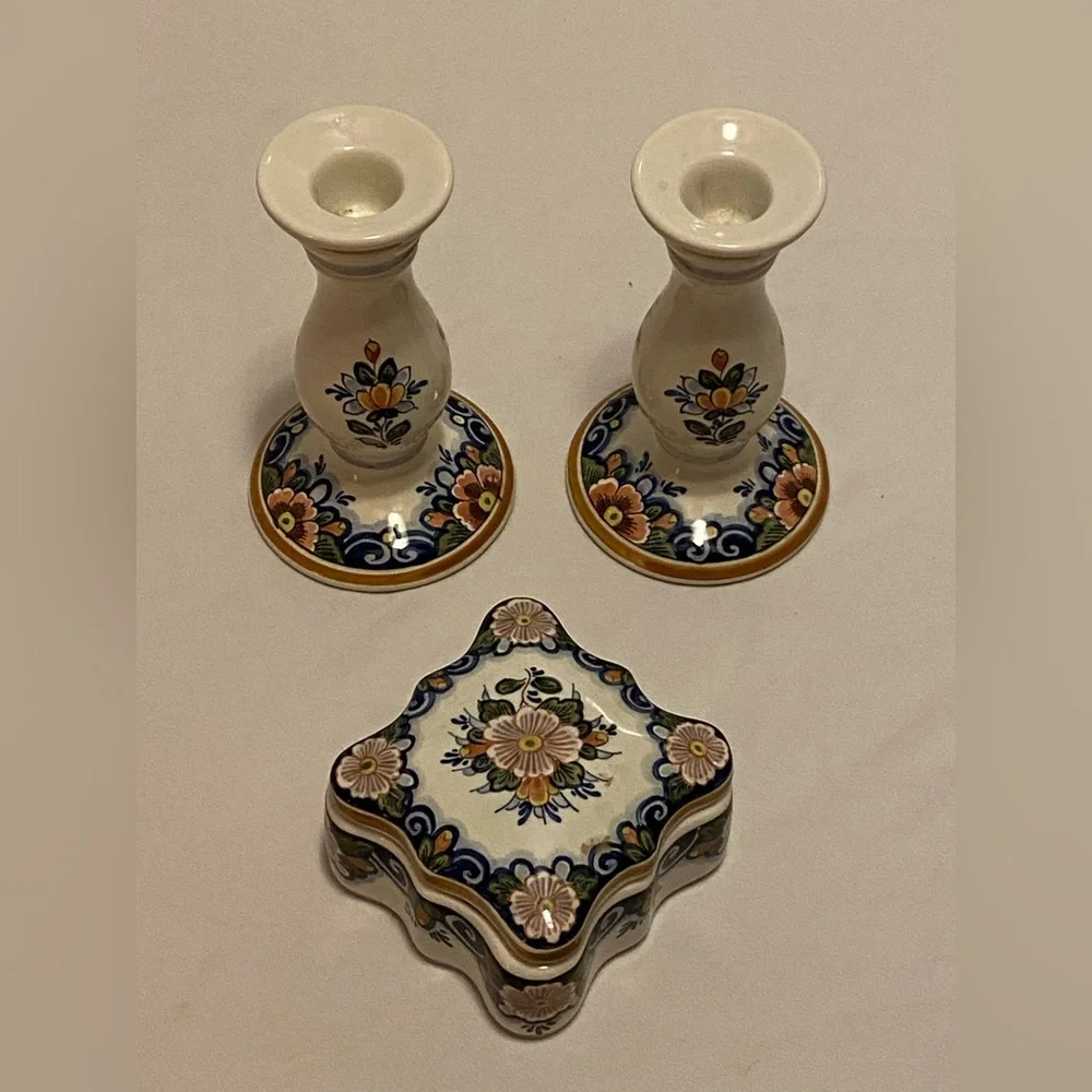 DELFT Pottery Floral Ceramic Candle Holders and Box Set